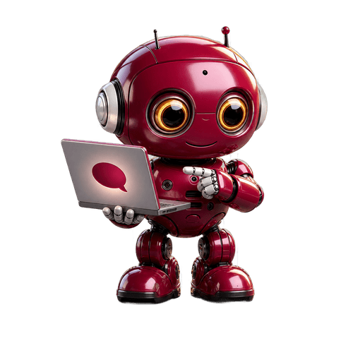Heppu, a red robot, at work behind a laptop